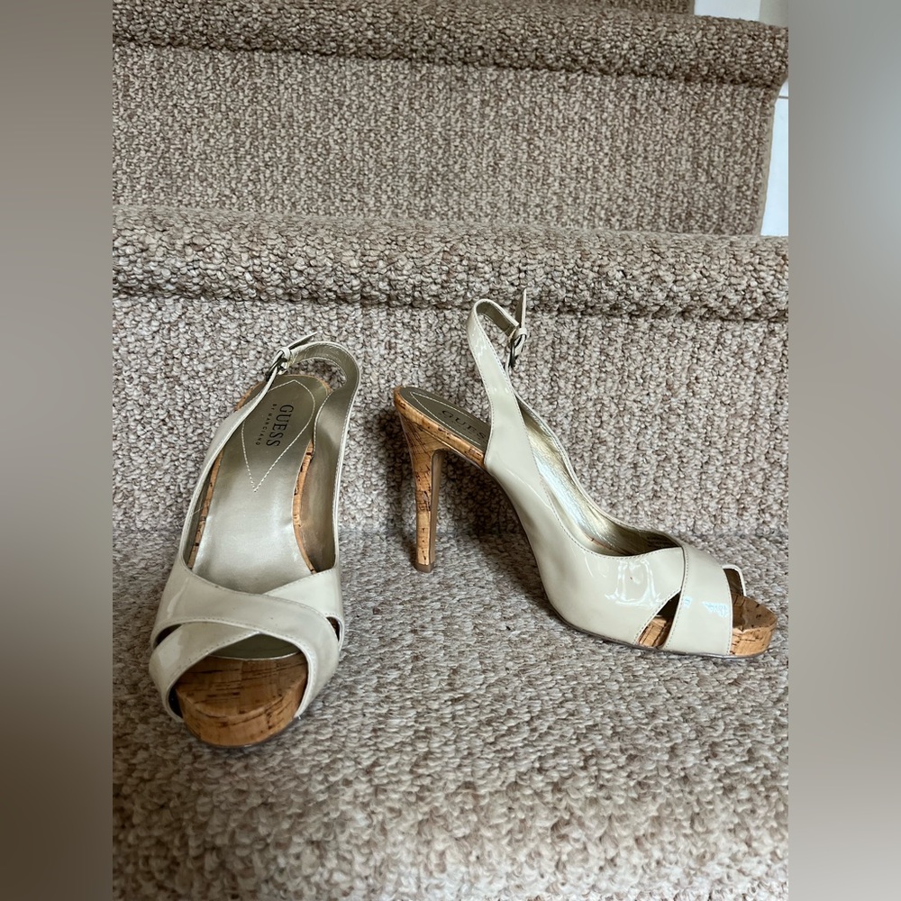 GUESS cross open toe, strap back 4” heel